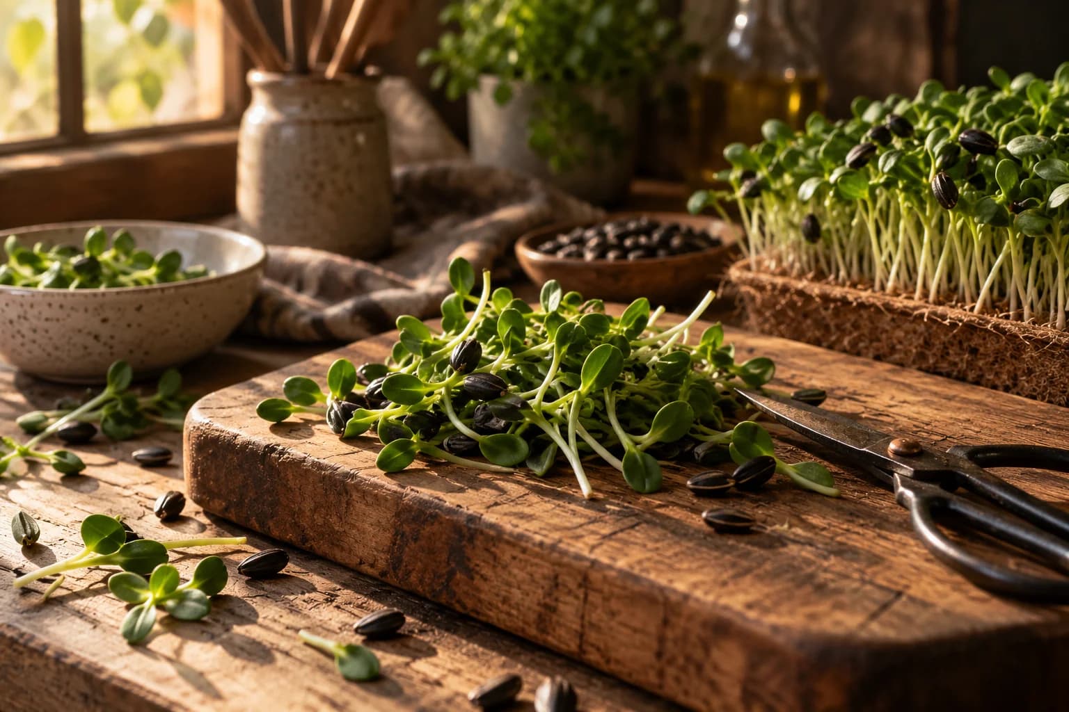 Cut sunflower shoots heaped on a wooden board with shears beside them, and behind, a living tray still rooted in its coco-peat pad