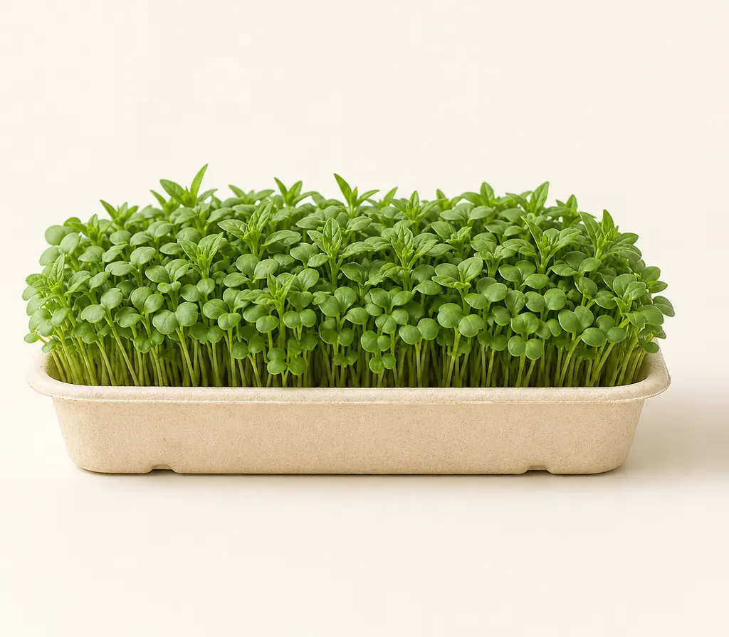A tray of Basil Green microgreens at cutting stage