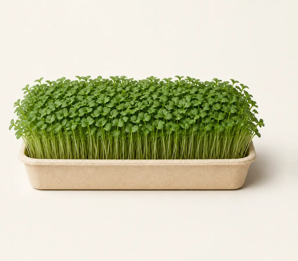 A tray of Broccoli microgreens at cutting stage