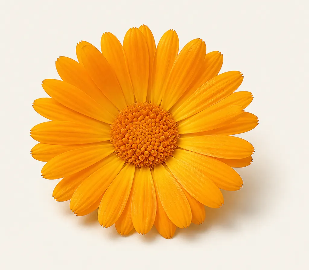 A single Calendula blossom, cut for the plate