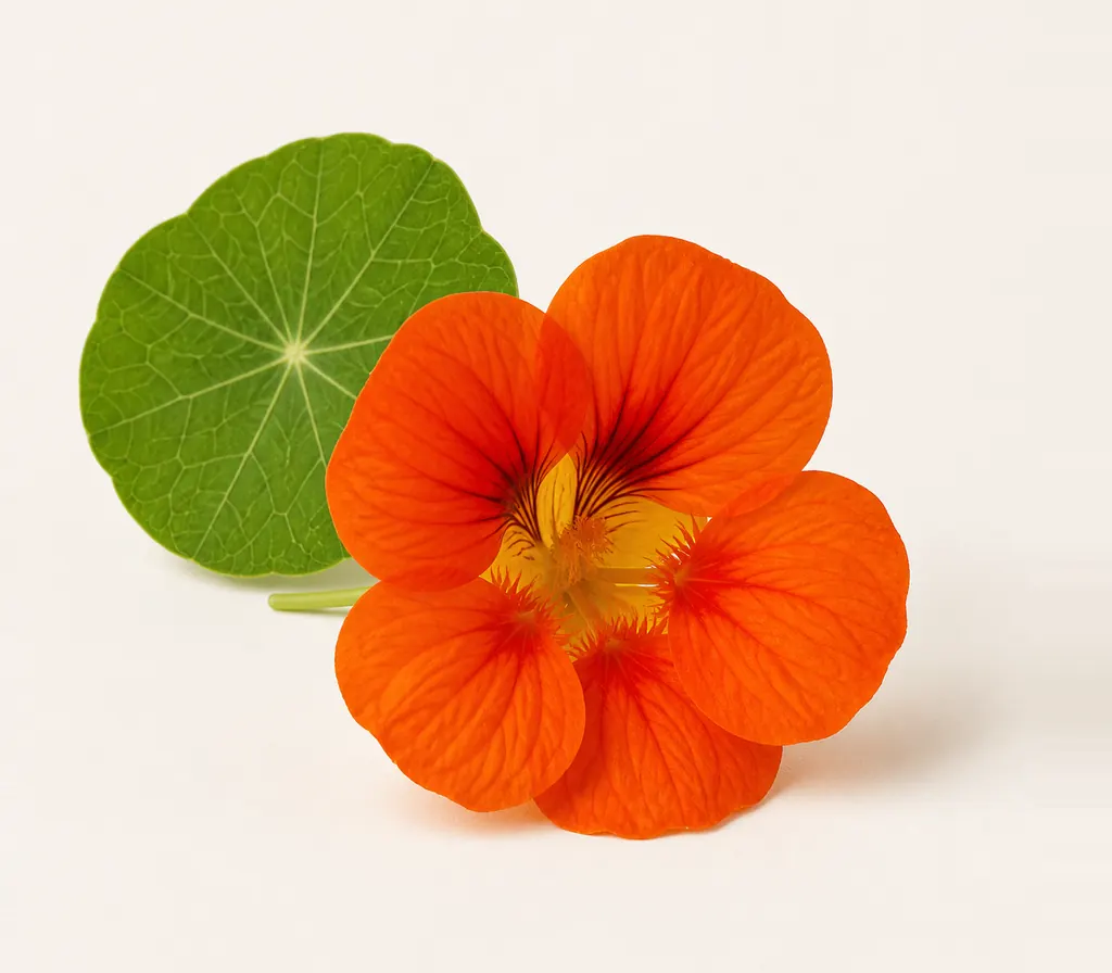 A single Nasturtium blossom, cut for the plate