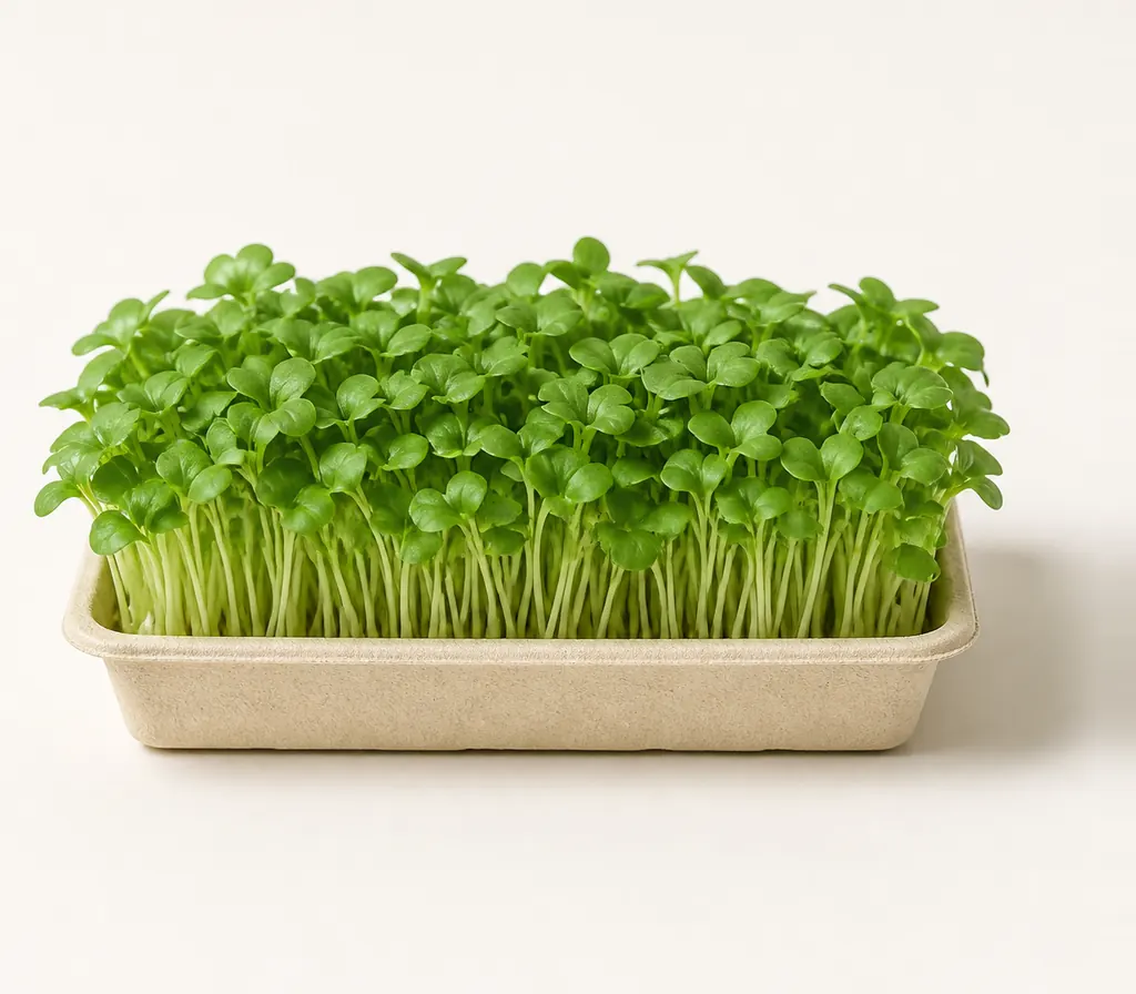 A tray of Pak Choi microgreens at cutting stage