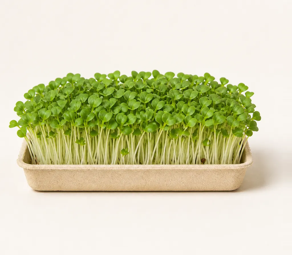 A tray of White Radish (Daikon) microgreens at cutting stage