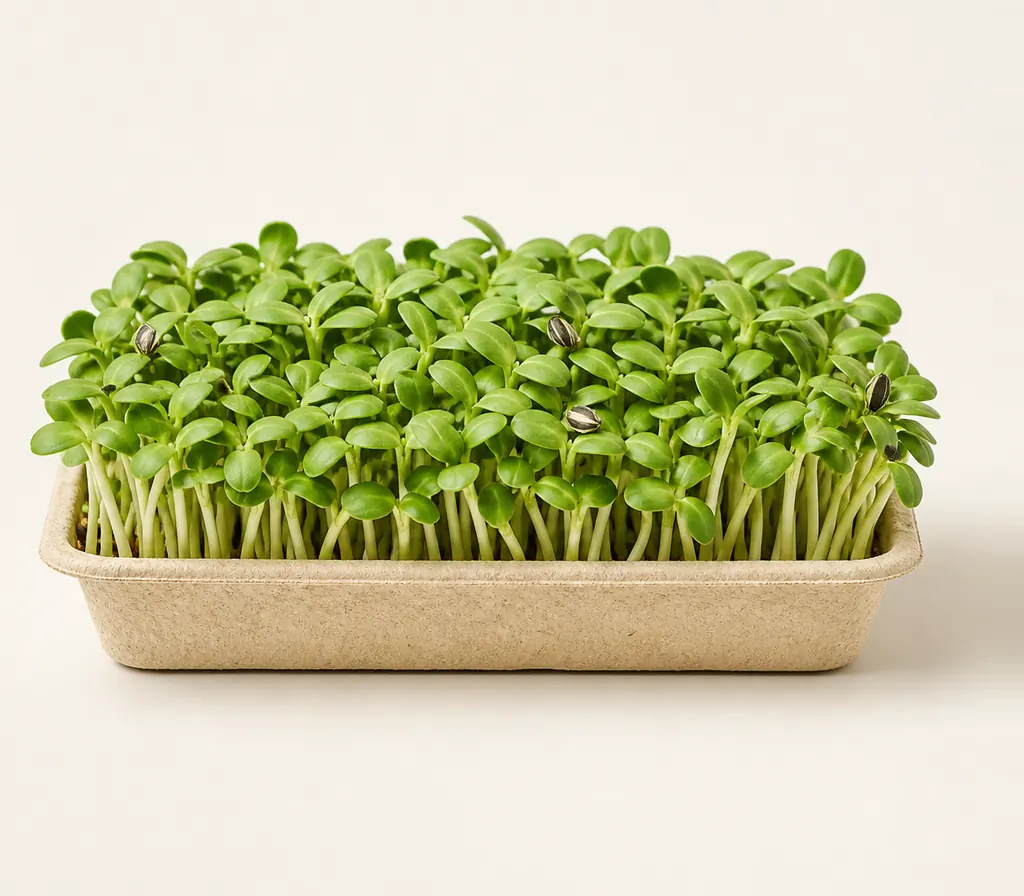 A tray of Sunflower Black Oil microgreens at cutting stage