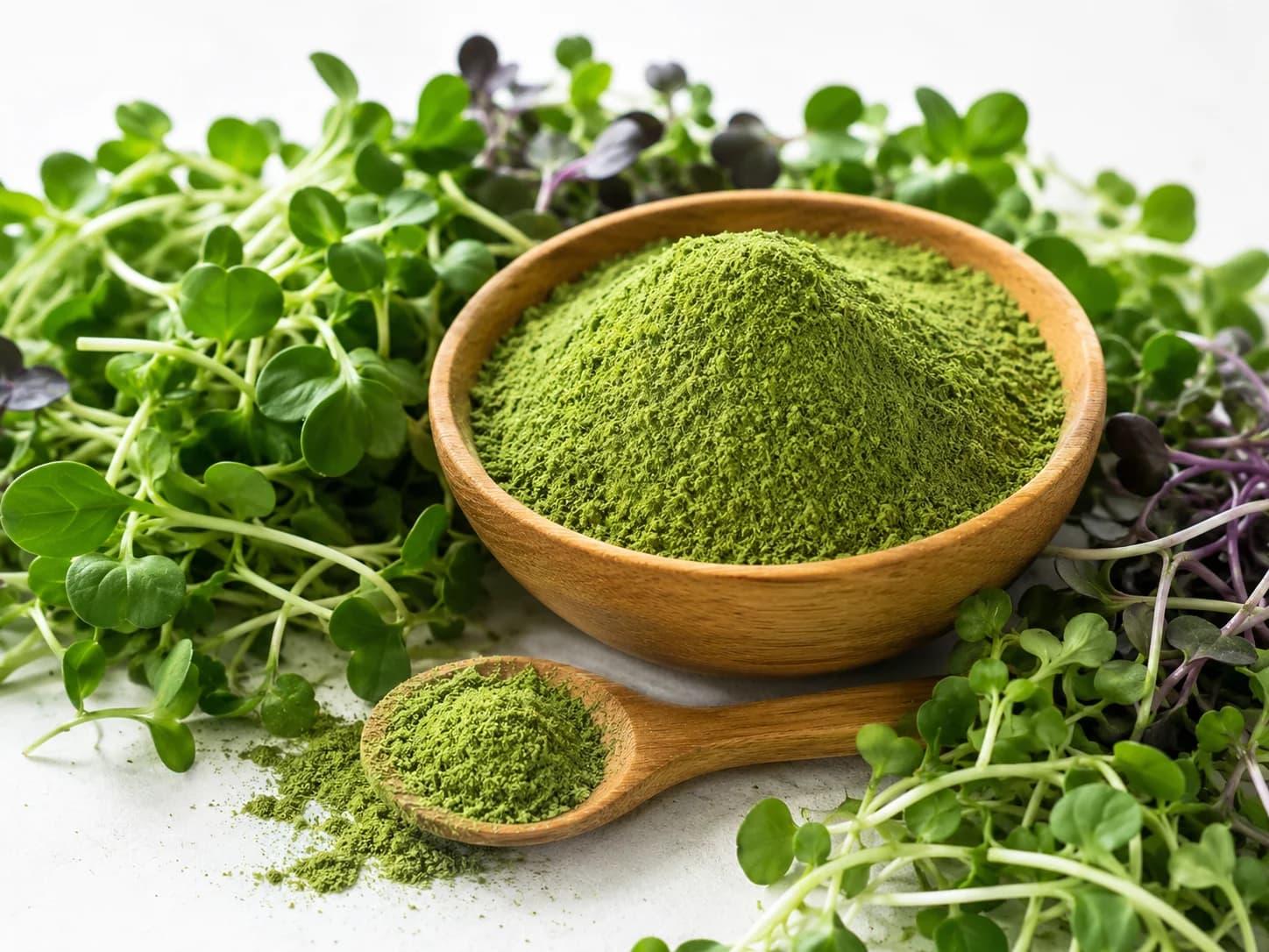 A bowl of milled greens ringed with the fresh crop it was made from